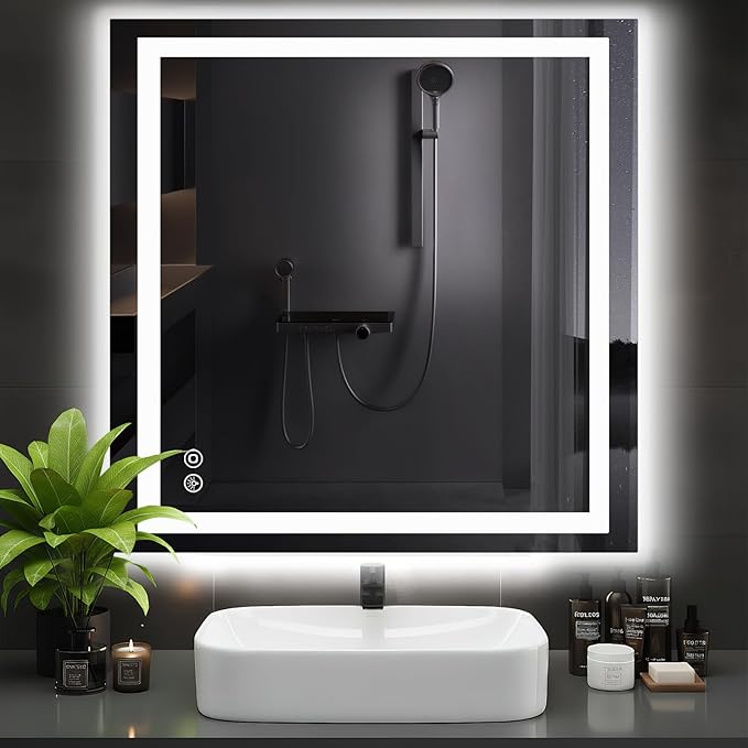 DUMOS 36.1"x36.1" LED Bathroom Mirror, Smart Anti-Fog Bathroom Vanity Mirror with Front Light & Backlit, 3 Color Temperatures, Dimmable, Memory Function
