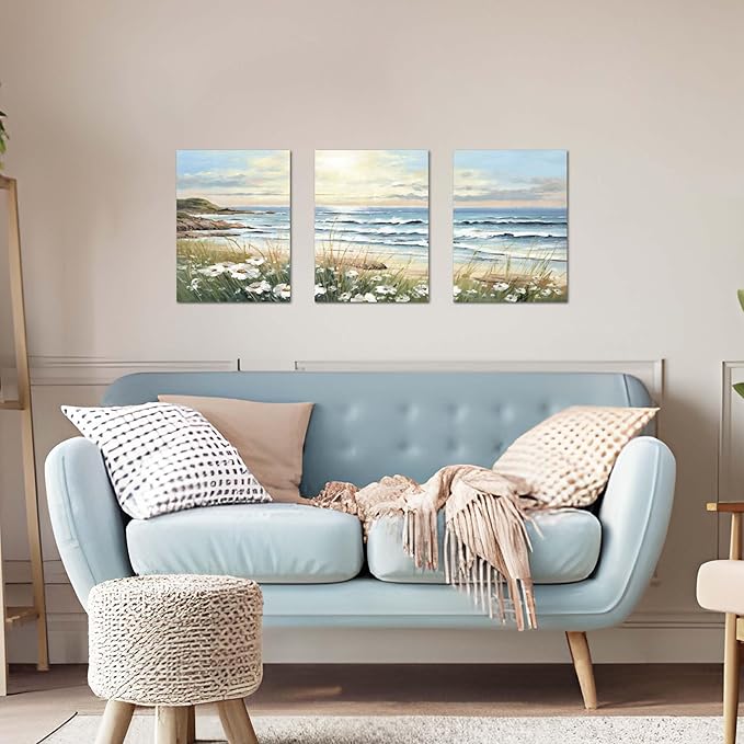 Hardy Gallery Beach Painting Ocean Wall Art: Seascape Artwork Coastal Picture Beach Scene Wall Decor and Seaside Canvas Art for Bedroom Decorations 16"x12"x3panels