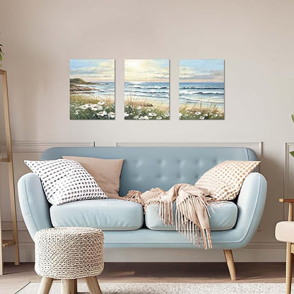 Hardy Gallery Beach Painting Ocean Wall Art: Seascape Artwork Coastal Picture Beach Scene Wall Decor and Seaside Canvas Art for Bedroom Decorations 16"x12"x3panels