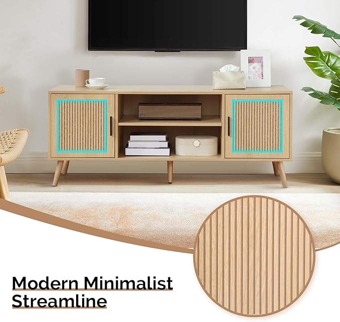 Modern TV Stand for 65 Inch TV, Entertainment Center with 2 Storage Cabinets and Adjustable Shelf, Solid Wood Feet, 4 Cord Holes, Groove Stripe Media TV Console Table for Living Room Bedroom (Natural)