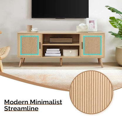 Modern TV Stand for 65 Inch TV, Entertainment Center with 2 Storage Cabinets and Adjustable Shelf, Solid Wood Feet, 4 Cord Holes, Groove Stripe Media TV Console Table for Living Room Bedroom (Natural)