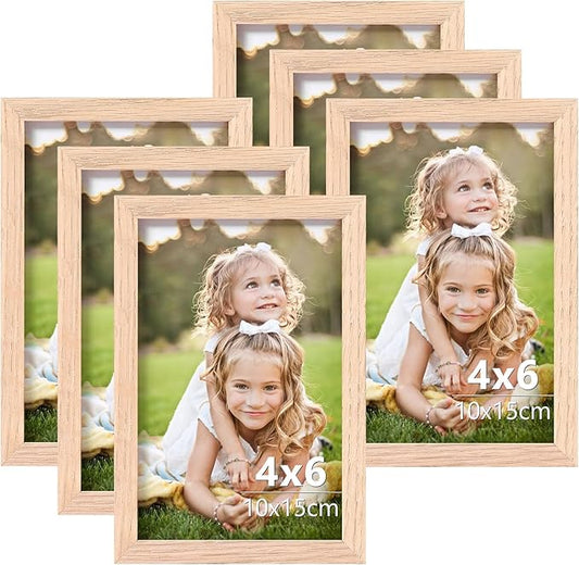 ATOBART 4x6 OAK Natural Wood Photo Frame,6 Pack Picture Frames Plexi Glass front Wall Hanging Gallery for Wall and Tabletop Display,set of 6