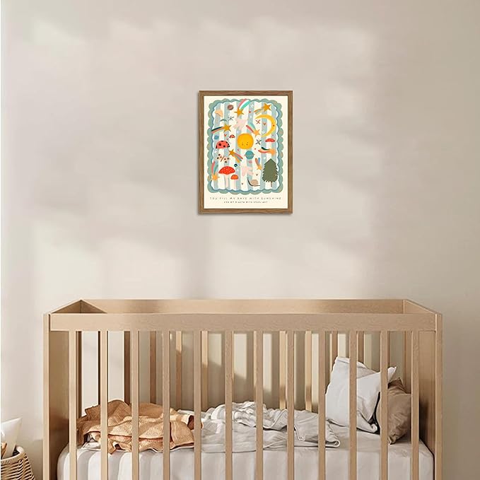 Framed Nursery Wall Art, Kids Inspirational Quote Canvas Wall Decor, Cute Insect Kids Room Prints Painting, Whimsical Sun and Moon Celestial Poster Pictures for Boys and Girls Room 12x16 Inch