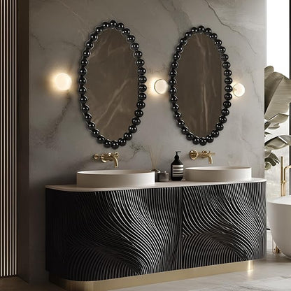 Oval Round Wall Mirror - 30 Inch Decorative Framed Bathroom/Living Room Accent Mirror with Beaded Ball Trim - Vintage Modern Style (Black/White/Gold) (Black)