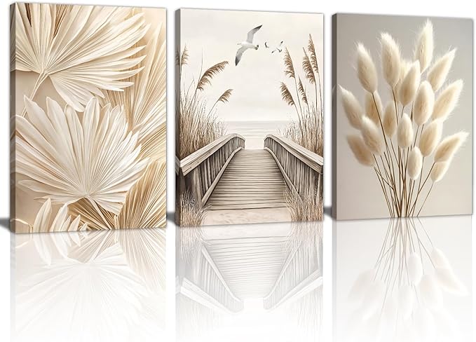 3 Pcs Beige Reeds Botanical Framed Canvas Wall Art Neutral Palm Fronds Wall Paintings Quiet Beach Landscapes Art Prints Picture Home Decor for Bedroom Living Room Office Reay to Hang 12"x16"x3Pcs