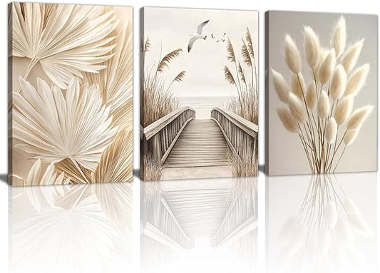 3 Pcs Beige Reeds Botanical Framed Canvas Wall Art Neutral Palm Fronds Wall Paintings Quiet Beach Landscapes Art Prints Picture Home Decor for Bedroom Living Room Office Reay to Hang 12"x16"x3Pcs