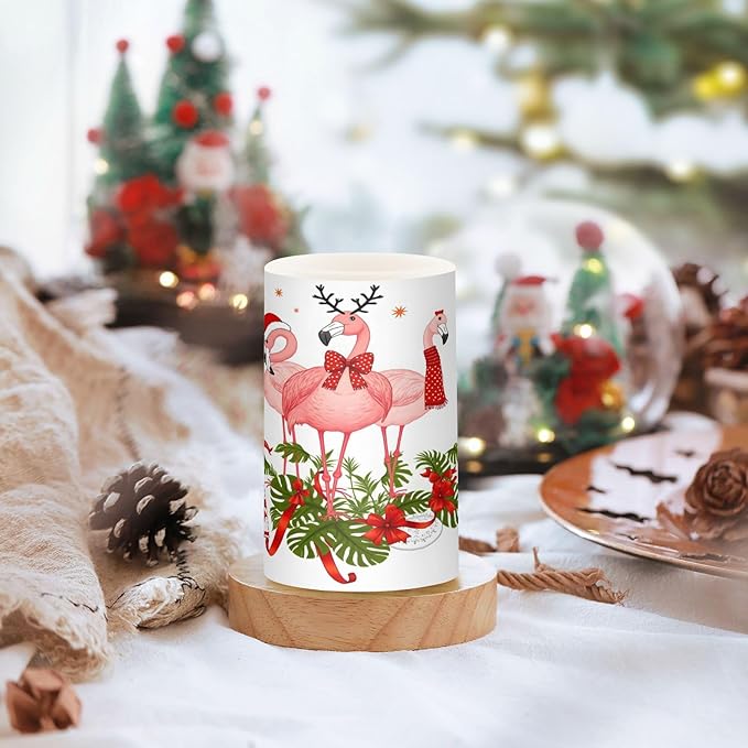 ALAZA Pink Flamingo Merry Christmas Happy New Year Flickering Flameless Candles Battery Operated with Remote Timer,Tea Light Candles LED Pillar Votive Candles Set of 2 for Outdoor Indoor Decorations
