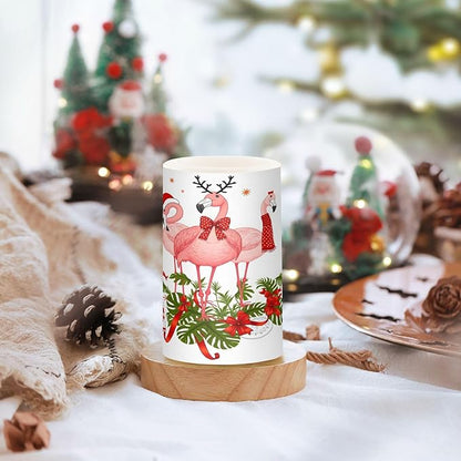 ALAZA Pink Flamingo Merry Christmas Happy New Year Flickering Flameless Candles Battery Operated with Remote Timer,Tea Light Candles LED Pillar Votive Candles Set of 2 for Outdoor Indoor Decorations