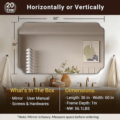 ANDY STAR 36"x60" Large Bathroom Mirror, Brushed Nickel Rectangle Mirror for Bathroom Vanity, Full Length Wall Mirror with Rust-Proof Stainless Steel Frame, Hangs Vertically or Horizontally