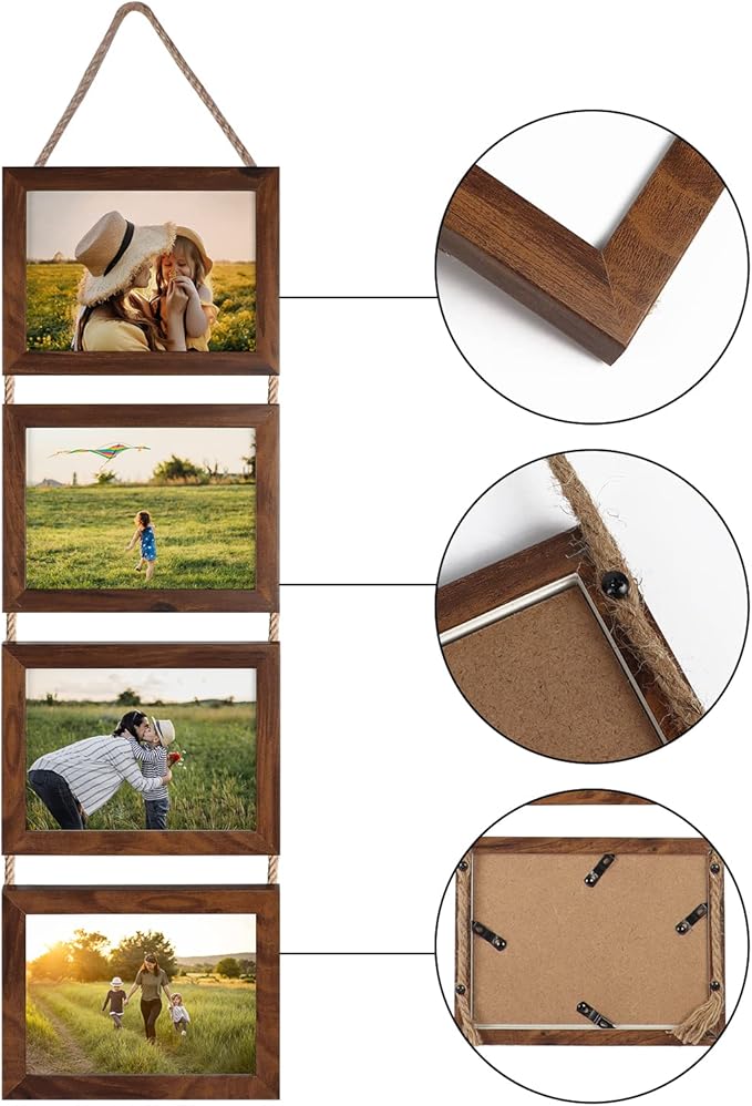 Lavezee 5x7 Hanging Collage Picture Frames Set of 2, Walnut Brown 8 Opening Horizontal Frame Made to Display 5 by 7 Inch Photo for Wall Decor