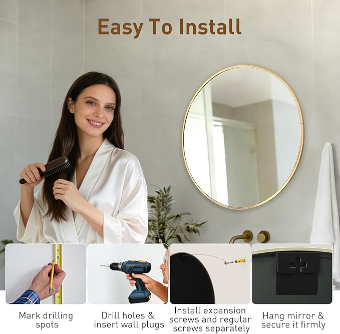 NEWBULIG 20 Inch Round Wall Mirror, Bathroom Mirror for Over Sink, Matte Metal Framed Circle Vanity Mirror, Wall Decor for Bedroom, Entryway, Anti-Rust, Tempered Glass, Hanging or Leaning, Gold