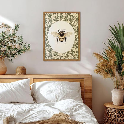 Framed Vintage Bee Wall Art, Rustic Insect Pictures Wall Decor, 3D Textured Sandstone Green Botanical Paintings Prints Cottagecore Home Decor for Living Room Bedroom Office 16x24 inch