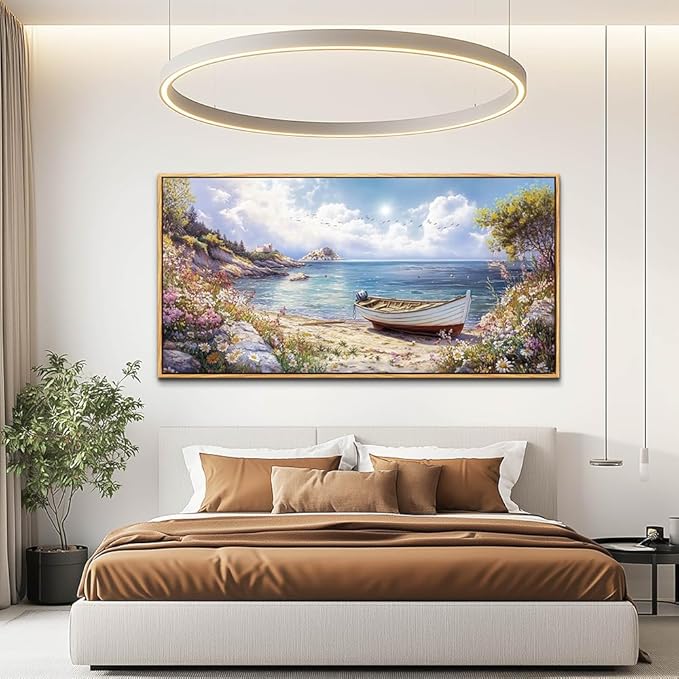 Wood Farmed Large Wall Decor For Living Room Canvas Wall Art For Office Modern Wall Decorations For Bedroom The Sea Boat Landscape Painting Farmhouse Pictures Artwork Room Home Decor 24x48 In