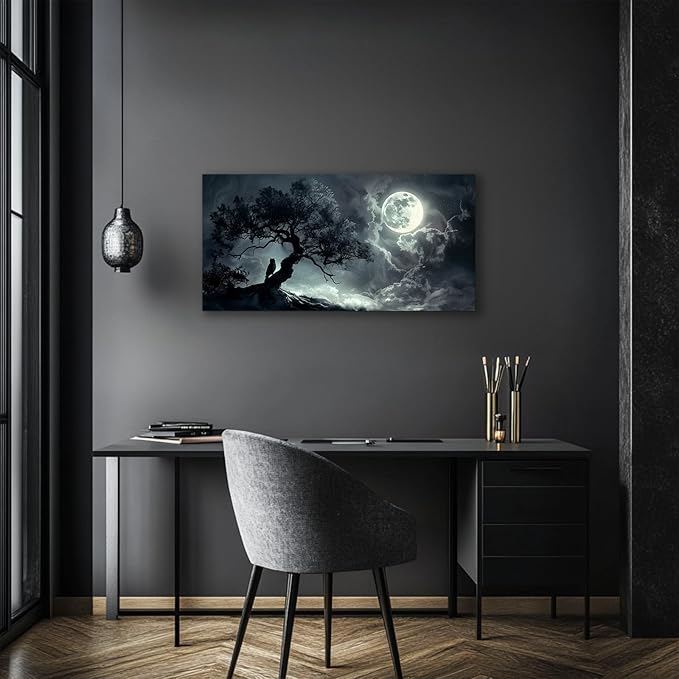 SERIMINO Large Canvas Wall Art, Moon Landscape Canvas Prints Paintings, Moonlit Night Modern Home Decor, Lonely Tree Dark Pictures Wall Decor Living Room Bedroom Bathroom Aesthetic 20"X40"