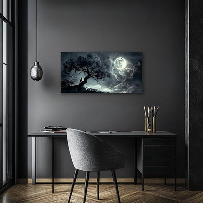 SERIMINO Large Canvas Wall Art, Moon Landscape Canvas Prints Paintings, Moonlit Night Modern Home Decor, Lonely Tree Dark Pictures Wall Decor Living Room Bedroom Bathroom Aesthetic 20"X40"