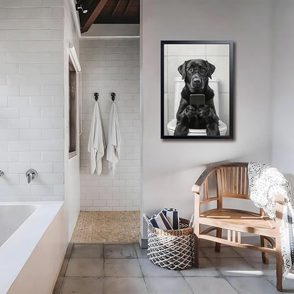 Black and White Bathroom Wall Art, Funny Labrador Dog Canvas Prints Poster, Cute Animal Sitting on Toilet Looking at Phone Picture, Modern Farmhouse Restroom Bathroom Home Wall Decor 16x24 Inch Framed