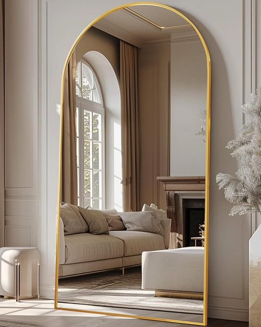 Antok Oversized Full Length Mirror with Stand, 81"x41" Arched Floor Mirror, Aluminum Frame, Wall Mounted/Leaning/Free Standing, Large Body Mirror for Bedroom Living Room Entryway Dressing Room,Gold