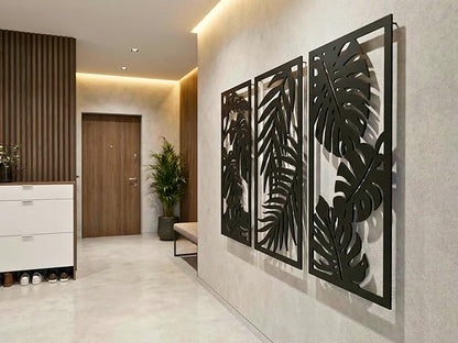 Vailla Wood Wall Art Decor Tropical leaves Wall Hanging Sculpture Modern Home Decoration 3 Wall Hangings Large Wooden Wall Arr 3D Textured Sculptures for Living Room Bedroom Office Dinnig Room