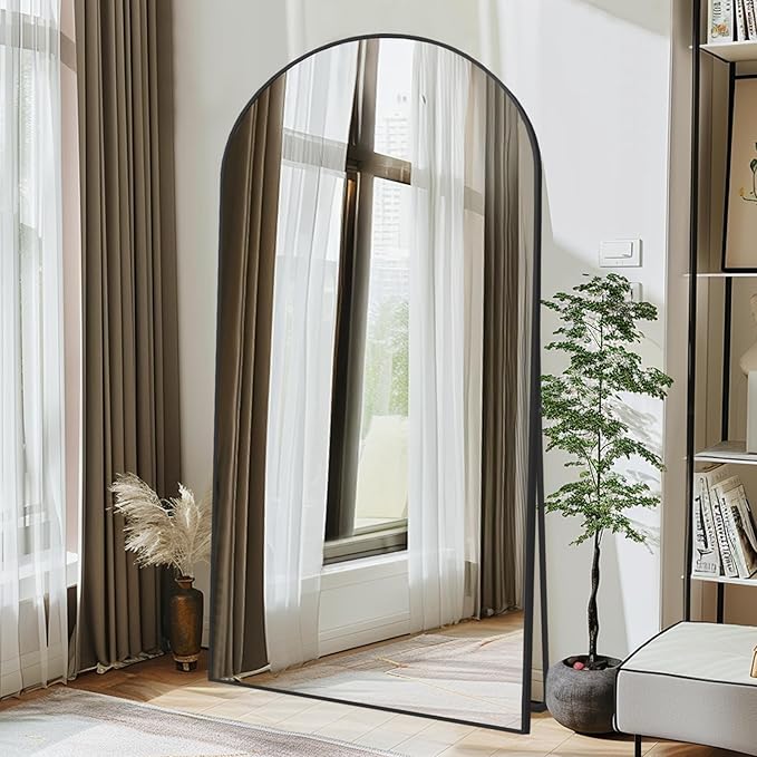 Beauty4U 76" x 37" Arched Full Length Mirror with Stand, Large Floor Mirror for Bedroom & Living Room, HD Tempered Glass Wall Mounted or Leaning Dressing Mirror, Black Metal Frame