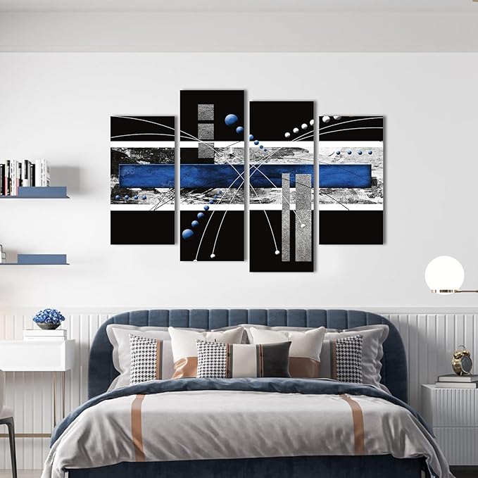 YPY Black Blue Canvas Wall Art - 4 Panels Modern Abstract Picture Set for Home Decoration - Extra Large Contemporary Painting Artwork Ready to Hang Living Room Bedroom W64 x H42