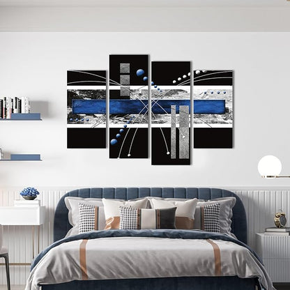 YPY Black Blue Canvas Wall Art - 4 Panels Modern Abstract Picture Set for Home Decoration - Extra Large Contemporary Painting Artwork Ready to Hang Living Room Bedroom W64 x H42