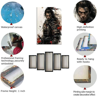 Samurai Canvas Wall Art Japanese Samurai Painting Prints Warrior Katana Picture Bushido Artwork for Bedroom Living Room Office Home Decoration Framed Ready to Hang (28''W x 44''H)