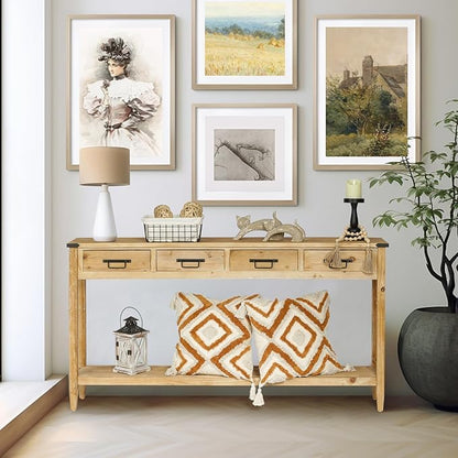 RUSTOWN Farmhouse Console Table with 4 Drawer, 60" Long Rustic Entryway Table with Open Storage Shelves and Handmade Metal Handle, Narrow Foyer Sofa Table for Living Room, Entryway, Hallway(Natural)