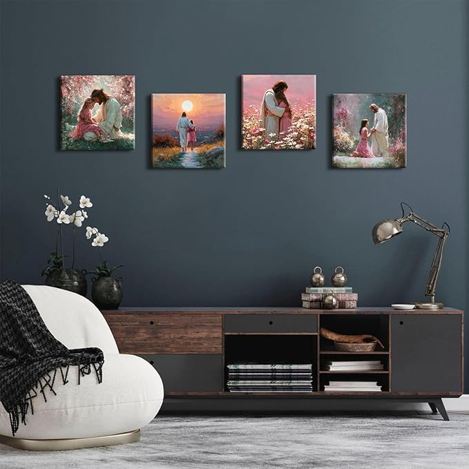 4 Piece Christian Canvas Wall Art Jesus Wall Decor Jesus Embracing Girls Pictures Canvas Prints Pink Women Bedroom Decor Sunset Landscape Posters Prayer Religious Artwork Living Room Decoration 12x12”