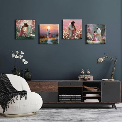 4 Piece Christian Canvas Wall Art Jesus Wall Decor Jesus Embracing Girls Pictures Canvas Prints Pink Women Bedroom Decor Sunset Landscape Posters Prayer Religious Artwork Living Room Decoration 12x12”