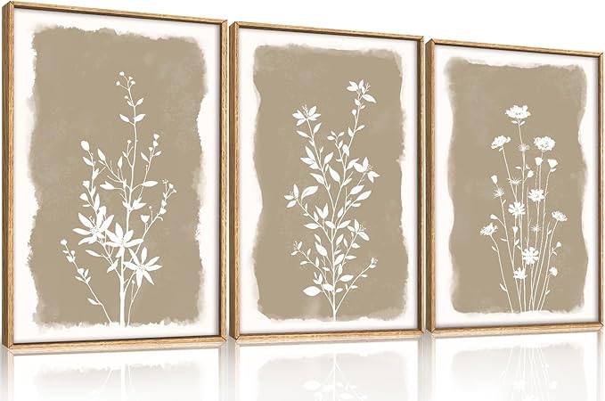 Aryroi Neutral Beige Floral Silhouette Framed Canvas Wall Art Set,Modern Boho Minimalist Botanical Wildflower Wall Decor,Vintage Natural Creamy Flower Artwork for Living Room,Farmhouse-16 x24 x3