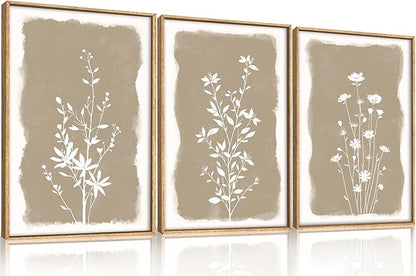 Aryroi Neutral Beige Floral Silhouette Framed Canvas Wall Art Set,Modern Boho Minimalist Botanical Wildflower Wall Decor,Vintage Natural Creamy Flower Artwork for Living Room,Farmhouse-16 x24 x3