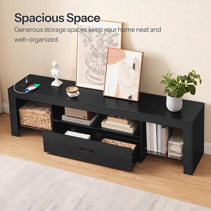 HOOBRO LED TV Stand with Power Outlets to 65 inch TV, Gaming Entertainment Center with Glass Shelves and Large Drawer, Modern Media TV Console Table for Living Room Bedroom, Black BB160UDDS01G1