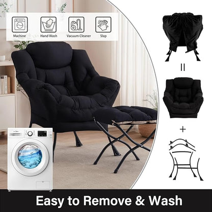 Lazy Chair with Ottoman, Large Black Accent Chair with Ottoman, Comfy Reading Armchair, Leisure Sofa Chair for Living Room, Bedroom, Dorm Room, Office