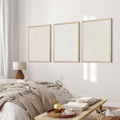 Beige Abstract Wall Art Pictures Set of 3 Boho Modern Canvas Wall Decor Neutral Line Wall Art Minimalist Art Abstract Beige Prints Painting Modern Artwork for Living Room Bedroom 12x16 Inch FRAMED