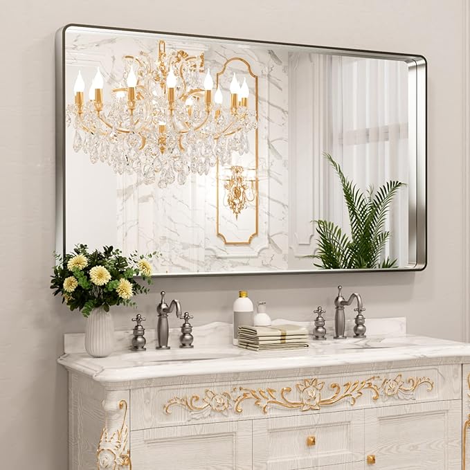 LOAAO 60X36 Inch Brushed Nickel Bathroom Mirror, Rounded Rectangle Silver Metal Frame Mirror, Brushed Nickel, Anti-Rust, Shatter Proof, Hangs Horizontally or Vertically