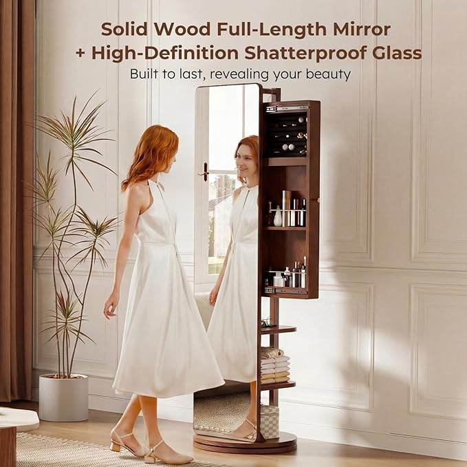 69" H×20" W Solid Wood Mirror Jewelry Cabinet,360°Swivel Jewelry Organizer,Jewelry Armoire Cabinet Standing,Full Length Mirror with Storage&Coat Rack,Walnut