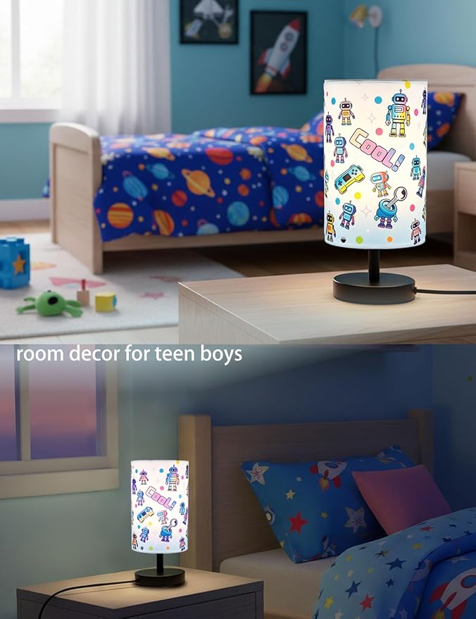 Kids Lamps for Bedrooms Boys, Robot Bedside Lamp 3-Color Small Linen Desk Lamp, 10 x 5.12 Inch with Integrated LED, for Boys & Girls Bedroom, Living Lighting Table Lamps Home Decoration