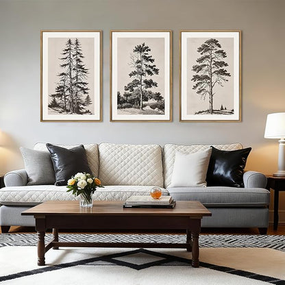 ANHUIB Vintage Tree Sketch Framed Canvas Wall Art 16x24 Inch Neutral Wilderness Forest Paintings Retro Botanical Wall Decor Set of 3 Black and White Landscape Prints for Living Room Bedroom Office