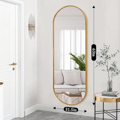 JJUUYOU Oval Full Length Bathroom Mirror Wall Mounted Mirror Gold Metal Mirrors 63"X32" Aluminum Alloy Framed Bedroom Mirrors for Living Room Entryway Dorm and Entryway