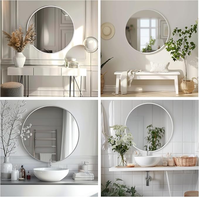 Sunniry White Round Mirror, White Circle Mirror 24 inch, Matte Metal Frame Round Mirrors, Circle Mirrors for Bathroom, Living Room, Bedroom, Hallway.