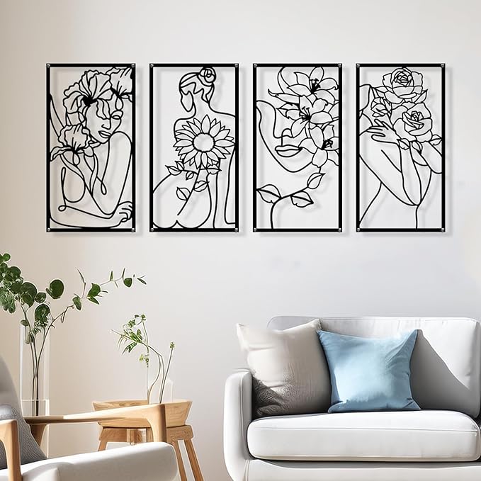 Zzbakress 4 Pcs Metal Minimalist Abstract Woman and Flower Wall Art Single Line Drawing Art Decor Minimalist Home Hanging Wall Decor for Bedroom Bathroom Living Room (style1, Black)