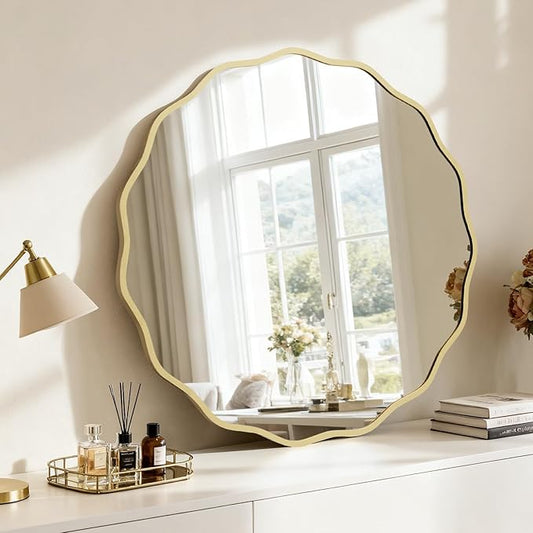 HOMECOOKIN 32" Wavy Round Wall Mirror, Gold Scalloped Circle Mirror Edge Round with Metal Frame, Modern Decorative Hanging/Leaning Mirrors for Bathroom, Hotels, Hallway, Entryway, Vanity, Office