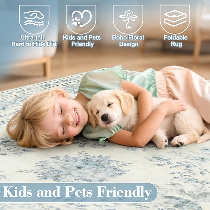Wonnitar Bow Print Area Rug for Living Room, Ultra-Thin Blue 8x10 Washable Rug, Non Slip Soft Boho Floral Aesthetic Indoor Decor Carpet for Boys Playroom Dining Room Office
