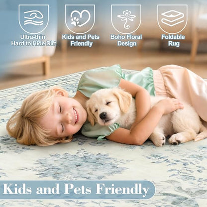 Wonnitar Bow Print Area Rug for Living Room, Ultra-Thin Blue 8x10 Washable Rug, Non Slip Soft Boho Floral Aesthetic Indoor Decor Carpet for Boys Playroom Dining Room Office