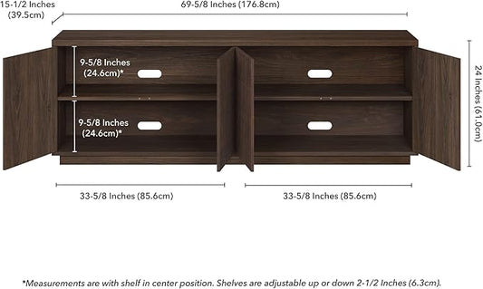 Henn&Hart Fluted TV Stand for TVs up to 75" with 2 Concealed Ribbed Storage Cabinets and Adjustable Shelves for Living Room, Family Room, or Office, Rich Brown