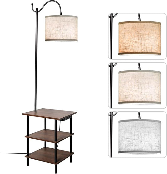 EOEYYOYB Floor Lamp with 3-Tier Shelves, End Table Lamp with USB Charging Port Power Outlet, Side Table Reading Light with 3 Color Temperature Led Bulb Included, Floor Lamps for Living Room, Walnut