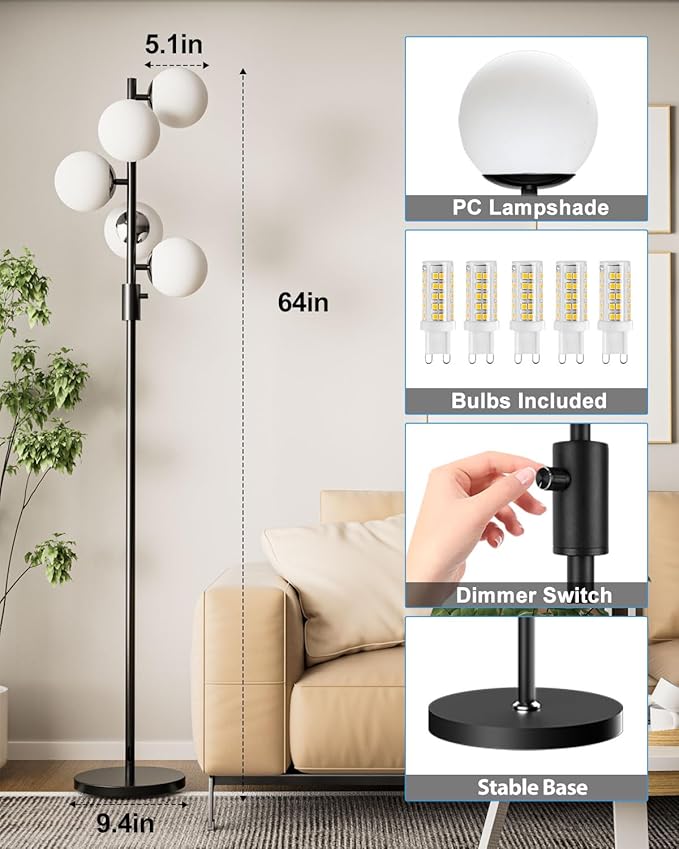 Lightdot 5-Globe Dimmable Globe Floor Lamp Black Retro Standing Lamps with 3000K Bulbs Brightness Adjustable Mid Century Modern Floor Lamp with 5Lbs Heavy Base for Living Room/Bedroom/Sofa Beside