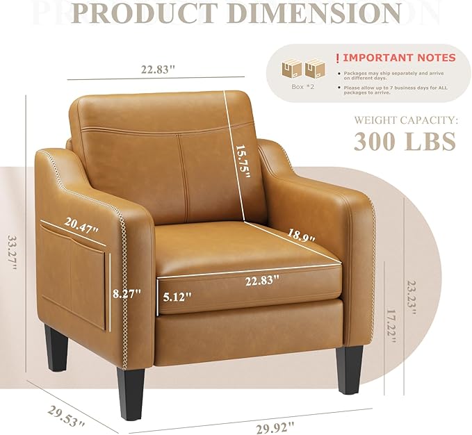MALOL PU Leather Accent Chair Set of 2, Mid-Century Modern Living Room Armchair Sofa with Removable Cushions, Solid Wood Frame & Stitched Armrest Design, Bedroom Chair with Plastic Legs, Brown