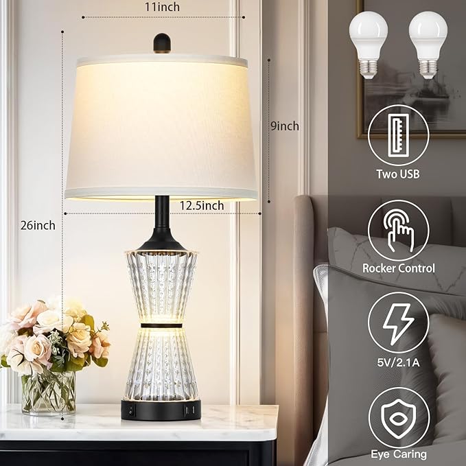 Modern Table Lamps for Living Room, 26" Tall Black Table Lamp with 2 Textured LED Night Light, 2 USB Charging Port & AC Outlet, Bedside Lamps for Bedroom Nightstands End Table Office, 2 Bulbs Included
