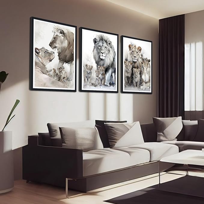Wildlife Themed Framed Canvas Wall Art Set of 3 Lion Family Portrait Wall Decor for Country Apartment Living Room Bedroom Modern African Animal Artwork Decoration Easy to Hand 24x36inchx3pcs